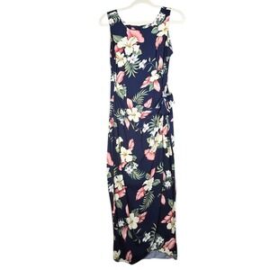Vintage 90s Young Hawaii Maxi Dress Small Navy Floral Sarong Tropical Hawaiian